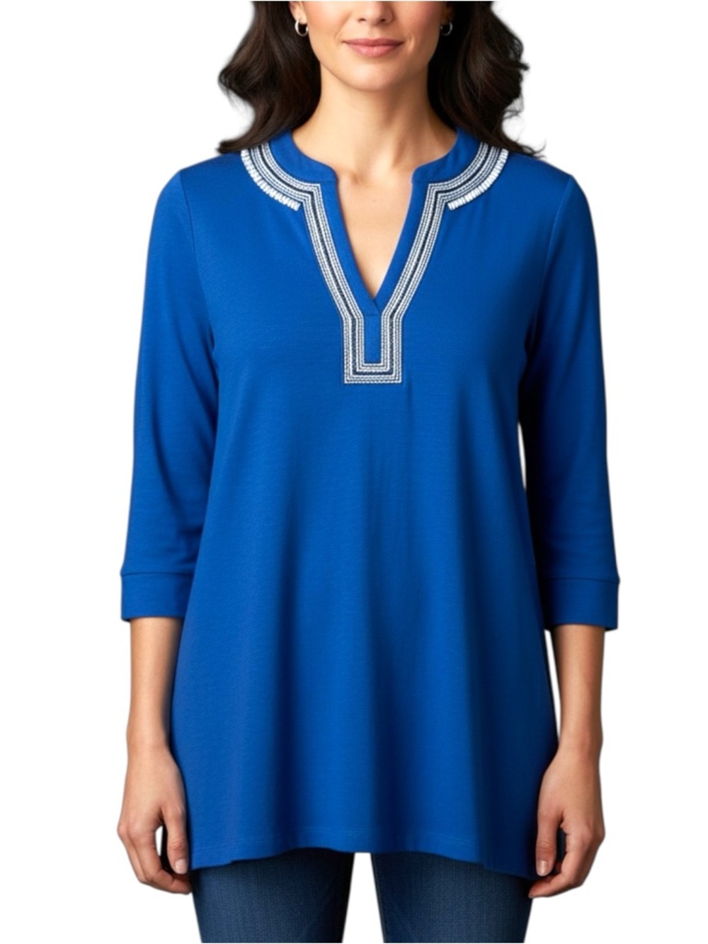 Chico’s 1 MEDIUM Linen Blend Silver Embroidered Beaded Split-Neck Blue Tunic Top